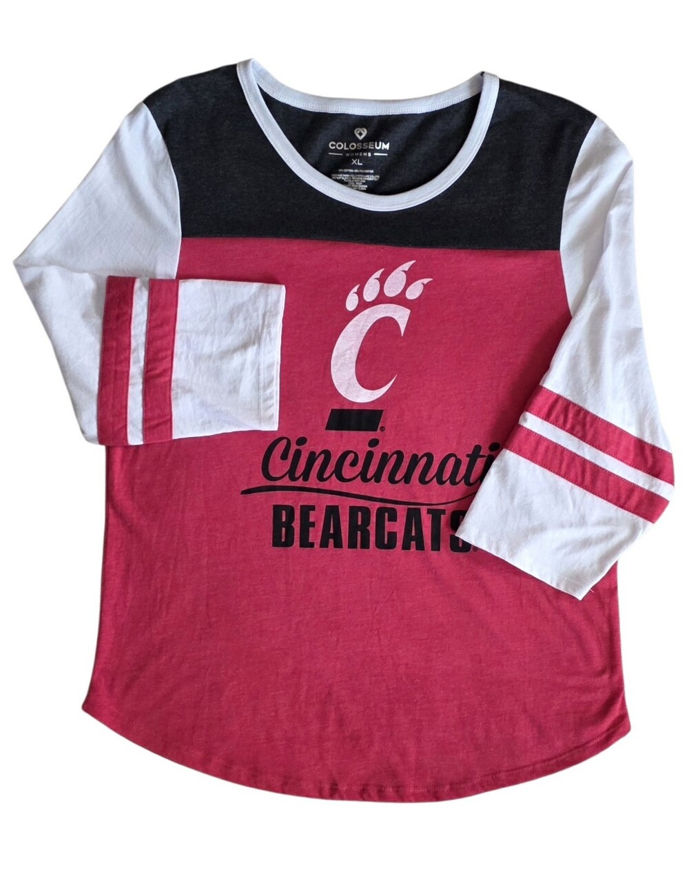 Cincinnati Bearcats XL Red Charcoal Colorblock Baseball Shirt 3/4 Sleeve Top